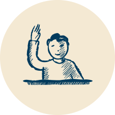 icon of a student at a desk raising their hand